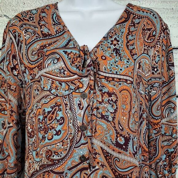 Cato Women’s Paisley Print Tie Neck Blouse L Boho Chic Long Sleeve Button Front - Picture 3 of 7